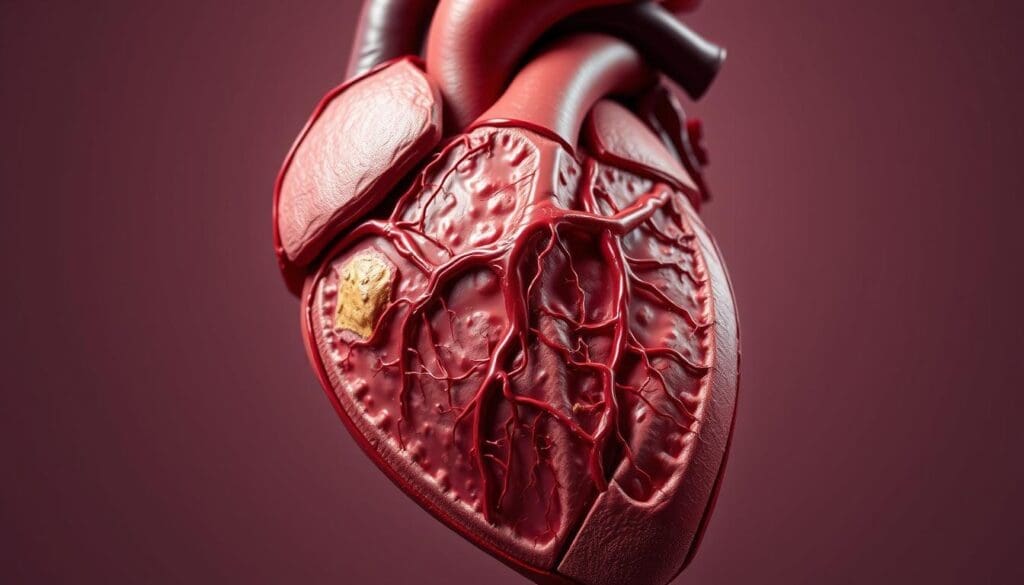 A detailed cross-section of the human heart, revealing the intricate network of coronary arteries and the pathological changes associated with ischemic heart disease. The arteries are partially occluded, with visible plaque buildup and narrowing, leading to reduced blood flow and potential myocardial infarction. The image is rendered in a detailed, anatomical style, with a focus on the affected areas. Soft, directional lighting casts subtle shadows, emphasizing the three-dimensional structure. The background is a muted, neutral tone, allowing the heart and its disease processes to be the central focus.