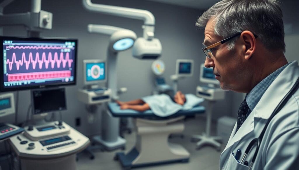 A detailed medical diagnostic scene depicting an ischemia diagnosis. In the foreground, a doctor examines an electrocardiogram readout, their face furrowed in concentration. Surrounding them, a variety of advanced medical equipment – monitors, scanners, and diagnostic tools – arranged in a clean, clinical setting. The middle ground features a patient lying on an examination table, undergoing various tests and procedures to assess their condition. In the background, a sense of calm professionalism, with muted colors and subtle lighting evoking the atmosphere of a well-equipped medical facility. The overall scene conveys the serious yet focused nature of the ischemia diagnosis process.