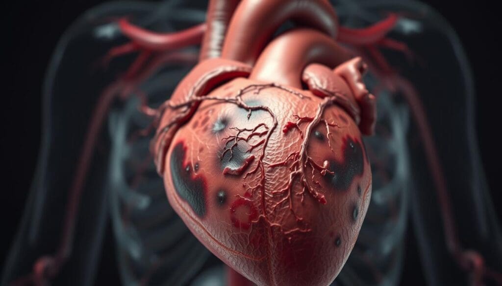 A detailed cross-section of the human heart, showcasing the symptoms of myocardial ischemia. In the foreground, the myocardium (heart muscle) is highlighted, with areas of reduced blood flow and oxygen supply appearing as darkened, mottled regions. The middle ground features the coronary arteries, some partially occluded by plaque buildup, restricting the flow of oxygenated blood. In the background, a faint outline of the thoracic cavity provides anatomical context. The lighting is soft and muted, conveying the seriousness and medical nature of the subject. The overall scene is rendered in a high-resolution, photorealistic style that clearly illustrates the causes and effects of myocardial ischemia.