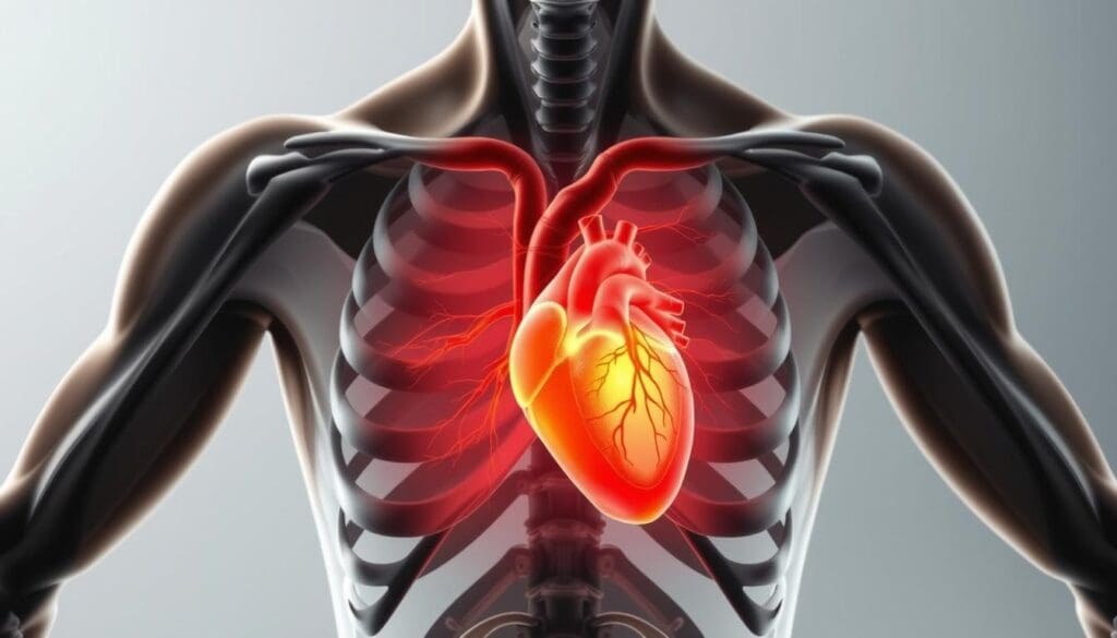 A detailed anatomical illustration of the human chest and heart, with a focal emphasis on the area affected by stress-induced chest pain. The foreground depicts a translucent, cross-sectional view of the heart, highlighting the physiological changes caused by stress, such as constricted blood vessels, increased heart rate, and inflammation. The middle ground showcases the chest cavity, with the ribcage and musculature rendered in subdued tones to allow the internal structures to take center stage. The background features a muted, minimalist environment, allowing the viewer to focus on the medical subject matter. The overall tone is somber and introspective, conveying the discomfort and distress associated with stress-related heart issues.