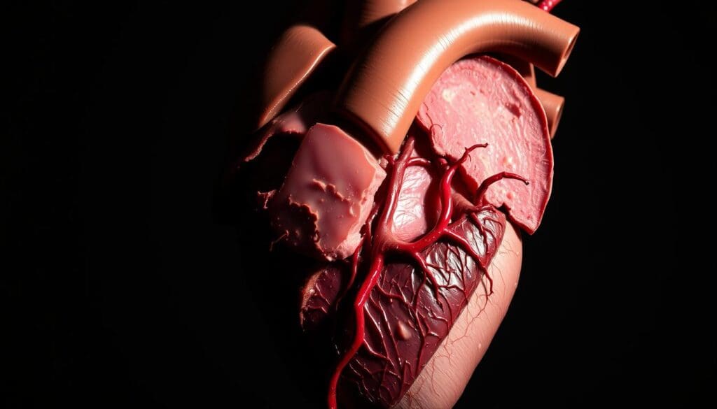 A cross-section of the human heart, showcasing the narrowing of the coronary arteries due to plaque buildup, resulting in reduced blood flow. The image should depict the affected heart tissue in a muted, ominous color palette, with the contrast between the healthy and ischemic regions clearly visible. The composition should emphasize the severity of the condition, with a focus on the compromised blood vessels and the resulting impact on the cardiac muscle. The lighting should be dramatic, casting shadows that accentuate the structural changes and the diminished circulatory capacity. The overall mood should convey a sense of medical urgency and the potential consequences of ischemic heart disease.