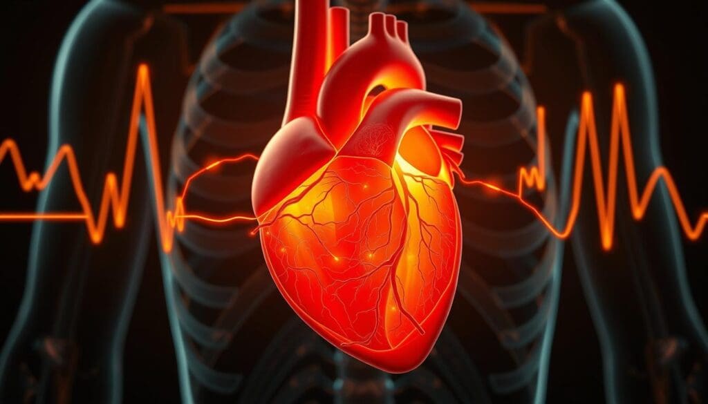 A detailed cross-sectional illustration of the human heart's electrical system, rendered in a realistic anatomical style. The foreground depicts the heart's intricate network of pacemaker cells, conduction pathways, and specialized cardiac muscle fibers, all illuminated by a soft, warm light. The middle ground showcases the heart's chambers and valves, with the atria and ventricles clearly defined. In the background, a faint outline of the thoracic cavity and rib cage provides context and scale. The overall atmosphere is one of scientific precision and medical inquiry, inviting the viewer to explore the physiological basis of heart palpitations. A detailed cross-sectional illustration of the human heart's electrical system, rendered in a realistic anatomical style. The foreground depicts the heart's intricate network of pacemaker cells, conduction pathways, and specialized cardiac muscle fibers, all illuminated by a soft, warm light. The middle ground showcases the heart's chambers and valves, with the atria and ventricles clearly defined. In the background, a faint outline of the thoracic cavity and rib cage provides context and scale. The overall atmosphere is one of scientific precision and medical inquiry, inviting the viewer to explore the physiological basis of heart palpitations.