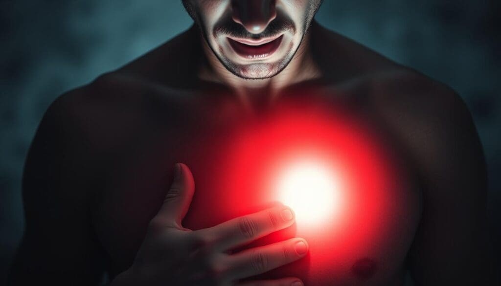 A high-contrast close-up of a person's chest, with visible rapid heartbeat pulsations and distressed facial expression. The heart area is illuminated by a bright, focused light, casting dramatic shadows that accentuate the erratic rhythm. The background is blurred and hazy, evoking a sense of unease and anxiety. The overall composition draws the viewer's attention to the visceral experience of heart palpitations, conveying the unsettling physical and emotional symptoms associated with this condition. A high-contrast close-up of a person's chest, with visible rapid heartbeat pulsations and distressed facial expression. The heart area is illuminated by a bright, focused light, casting dramatic shadows that accentuate the erratic rhythm. The background is blurred and hazy, evoking a sense of unease and anxiety. The overall composition draws the viewer's attention to the visceral experience of heart palpitations, conveying the unsettling physical and emotional symptoms associated with this condition.