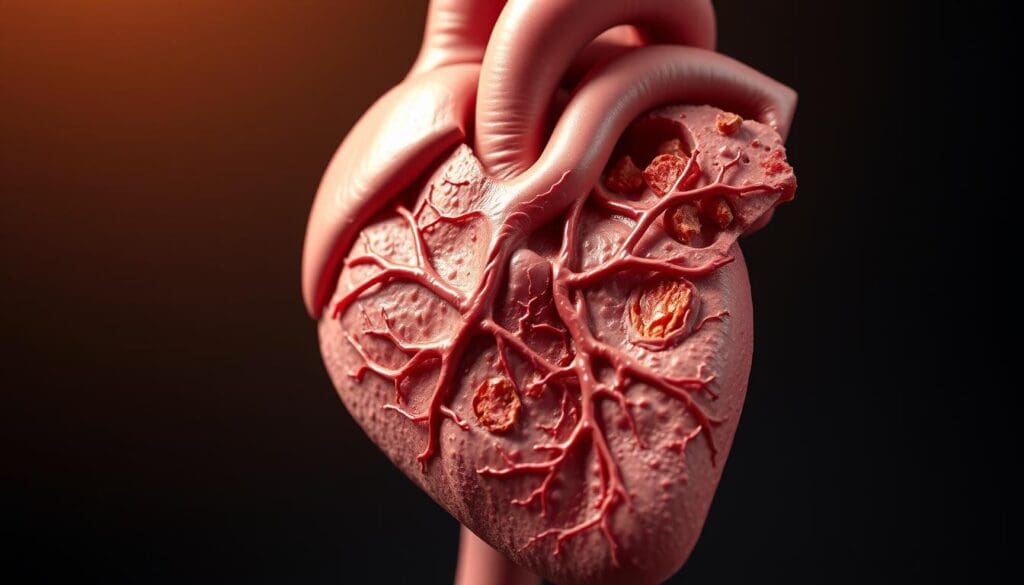 A detailed cross-section of the human heart, showcasing the characteristic narrowing and blockage of the coronary arteries due to ischemic heart disease. The myocardium is visibly strained, with areas of reduced blood flow and potential damage. Realistic anatomical details are rendered with a soft, muted color palette, conveying the seriousness and gravity of the condition. The scene is illuminated by a warm, directional light, casting subtle shadows that enhance the 3D volume and depth of the composition. The overall mood is one of clinical precision and medical examination, inviting the viewer to better understand the mechanics of this cardiovascular disorder.