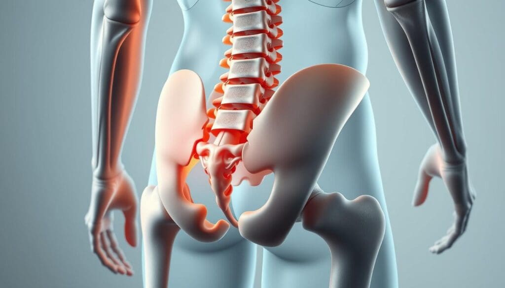 a detailed, anatomically accurate illustration of the human lumbar spine, showcasing its complex structure and the key components that make up this crucial region of the body. The image should be rendered with a high level of photorealism, using a combination of soft, directional lighting and a neutral, clinical color palette to emphasize the medical and scientific nature of the subject matter. The viewpoint should be a slightly elevated, three-quarter angle, providing a clear and comprehensive view of the vertebrae, intervertebral discs, and surrounding musculature and connective tissues. The overall atmosphere should convey a sense of clarity, precision, and educational value, suitable for inclusion in a medical article exploring the spine-hip connection. a detailed, anatomically accurate illustration of the human lumbar spine, showcasing its complex structure and the key components that make up this crucial region of the body. The image should be rendered with a high level of photorealism, using a combination of soft, directional lighting and a neutral, clinical color palette to emphasize the medical and scientific nature of the subject matter. The viewpoint should be a slightly elevated, three-quarter angle, providing a clear and comprehensive view of the vertebrae, intervertebral discs, and surrounding musculature and connective tissues. The overall atmosphere should convey a sense of clarity, precision, and educational value, suitable for inclusion in a medical article exploring the spine-hip connection.