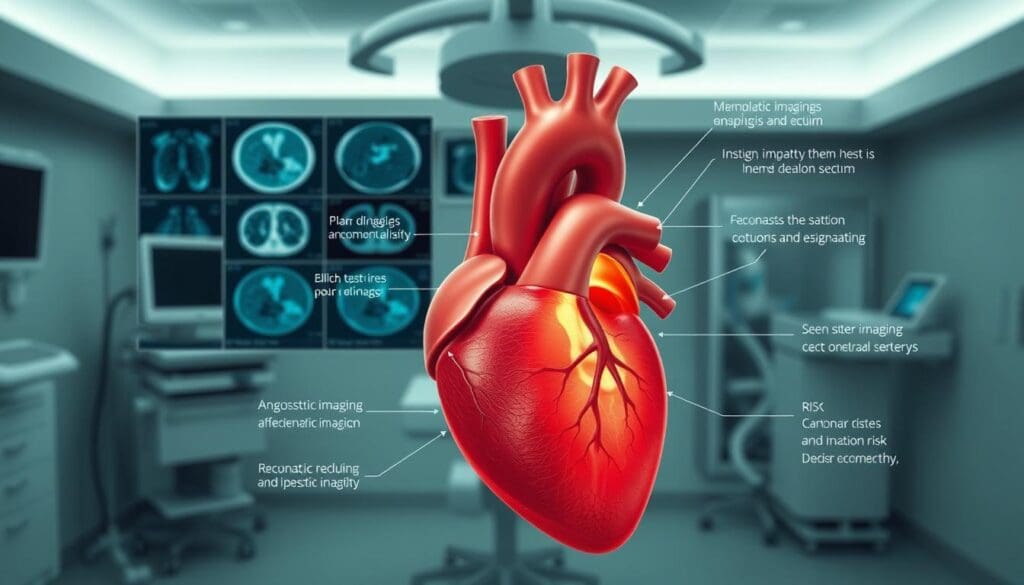 A detailed medical diagram depicting the comprehensive risk assessment and diagnosis of ischemic heart disease. In the foreground, a detailed cross-section of the heart, showcasing the affected coronary arteries and the ischemic region. The middle ground features various diagnostic imaging modalities such as angiography, CT scans, and stress tests, with technical annotations. The background provides a clinical setting, with medical equipment and a serene atmosphere to convey a sense of professionalism and care. Lighting is soft and natural, with a muted color palette to emphasize the technical nature of the subject matter. The overall composition should feel authoritative, informative, and tailored to the specified article section.