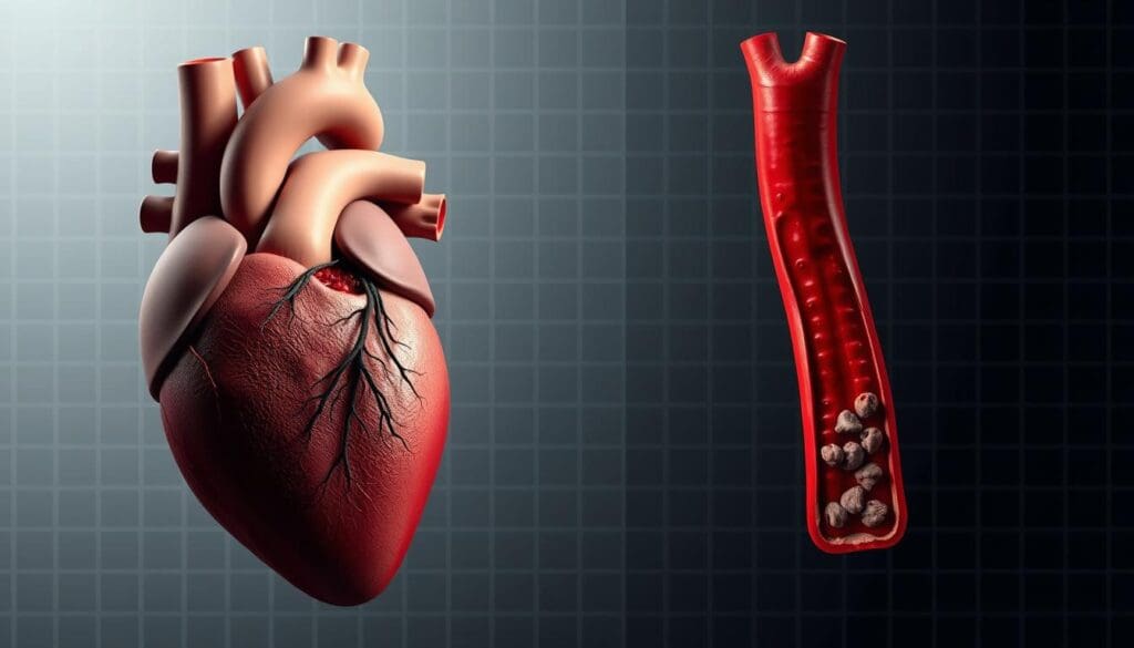 A high-contrast medical illustration depicting the stark contrast between ischemic heart disease and acute coronary syndrome. In the foreground, a detailed cross-section of the heart, with a partially occluded coronary artery and areas of myocardial damage. In the middle ground, a side-by-side comparison, one showing a healthy, unobstructed artery, the other a severely narrowed vessel with plaque buildup. The background is a muted, clinical setting, with subtle grid-like patterns suggestive of medical imagery. The lighting is directional, casting dramatic shadows to enhance the three-dimensional forms. The overall aesthetic is precise, technical, and educational, designed to illustrate the key differences between these two cardiovascular conditions.