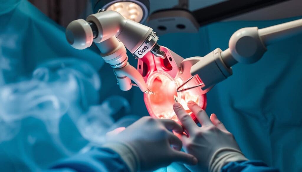 A minimally invasive robotic hysterectomy procedure performed by a skilled surgeon using the da Vinci robotic system. The robotic arms delicately manipulate surgical instruments through small incisions, providing enhanced precision, flexibility, and control. Bright surgical lights illuminate the detailed anatomy, while the camera provides a high-definition 3D view of the surgical site. Surgical smoke swirls in the foreground, conveying the technical complexity of the operation. The surgeon's hands guide the robotic arms with focused concentration, highlighting the human-machine collaboration central to this advanced surgical approach.