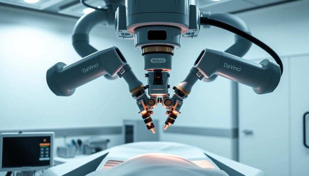 A sleek, state-of-the-art Da Vinci robotic surgery system, its mechanical arms poised above a meticulously detailed surgical table. The system's cameras and sensors are illuminated by soft, directional lighting, capturing the precise movements of the robotic instruments. In the background, a sterile, high-tech medical environment with clean lines and muted colors sets the stage for the advanced surgical procedure. The scene conveys a sense of technological sophistication and the cutting-edge capabilities of this revolutionary robotic surgery system.