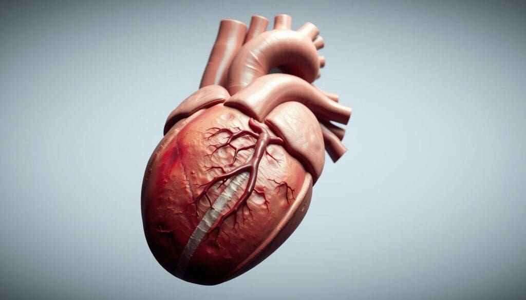A cross-sectional view of a human heart, focused on the left ventricle and coronary arteries. The heart is rendered in a muted, anatomical style, with the muscle tissue and blood vessels clearly visible. The arteries are partially occluded, representing the narrowing and blockages associated with ischemic heart disease. The background is a neutral, clinical environment, bathed in soft, directional lighting that casts subtle shadows and highlights the three-dimensional form of the organ. The overall mood is one of medical precision and visual clarity, intended to educate and inform the viewer about the underlying pathology.