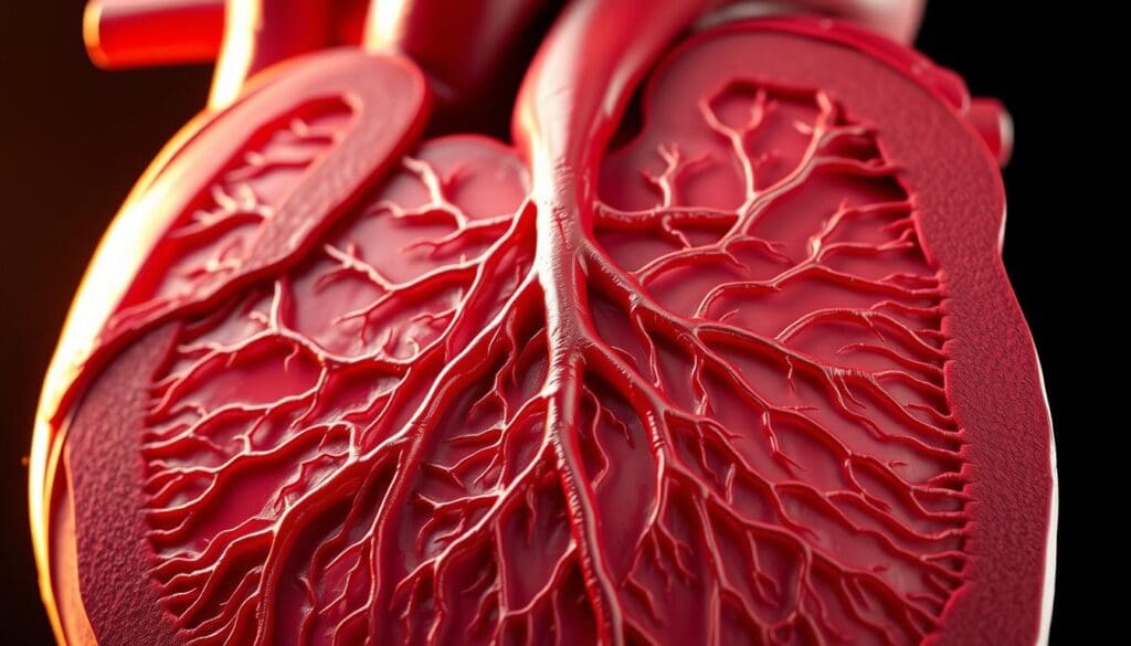Detailed cross-section of the human coronary arteries, shown in high-resolution. Prominent heart muscle tissue in the foreground, with the intricate network of blood vessels branching out across the myocardium. Crisp anatomical detail, with the arteries' inner walls and lumen clearly visible. Warm lighting from the left, casting subtle shadows to highlight the three-dimensional structure. The image should convey the vital importance of these arteries in supplying oxygenated blood to the heart muscle, and the potential consequences of blockages or impairments to this system.