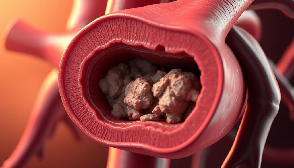 Detailed anatomical illustration of a coronary artery with ischemic condition. Crisp, high-resolution, photorealistic render. Cutaway view showcasing blockage in the artery lumen, with narrowed vessel diameter and buildup of plaque. Warm lighting from the left, creating depth and dimension. Muted color palette with focus on the pathological structure. Precise medical accuracy, without extraneous elements. Conveying the gravity and critical nature of the coronary ischemic condition. Detailed anatomical illustration of a coronary artery with ischemic condition. Crisp, high-resolution, photorealistic render. Cutaway view showcasing blockage in the artery lumen, with narrowed vessel diameter and buildup of plaque. Warm lighting from the left, creating depth and dimension. Muted color palette with focus on the pathological structure. Precise medical accuracy, without extraneous elements. Conveying the gravity and critical nature of the coronary ischemic condition.