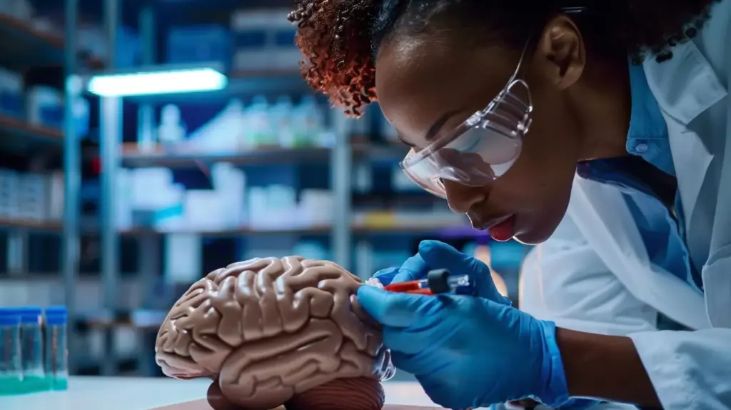 A detailed close-up view of a human brain, with a highlighted section showing a brain tumor. The tumor appears as an irregular, discolored growth, surrounded by a hazy, glowing aura. The image conveys a sense of urgency and risk, with the tumor pulsating and emanating an ominous energy. The background is slightly blurred, creating a dramatic focus on the tumor. Dramatic lighting from the side casts deep shadows, emphasizing the tumor's 3D form. The overall atmosphere is tense and unsettling, reflecting the seriousness of brain tumor-induced seizures.