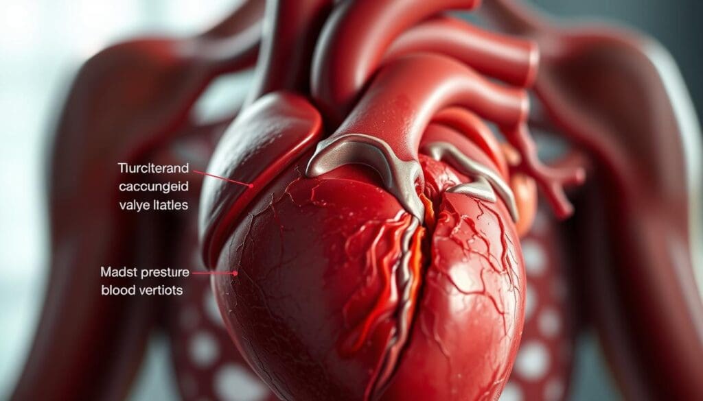 a detailed, photorealistic illustration of a human heart showing the symptoms of aortic stenosis, including narrowing of the aortic valve, thickened and calcified valve leaflets, and the resulting turbulent blood flow and pressure buildup in the left ventricle. The image should be shot from a three-quarter angle, with a depth of field that keeps the heart in sharp focus while subtly blurring the background. Lighting should be natural and directional, casting soft shadows to emphasize the anatomical details. The overall mood should convey the seriousness and clinical significance of this heart condition.