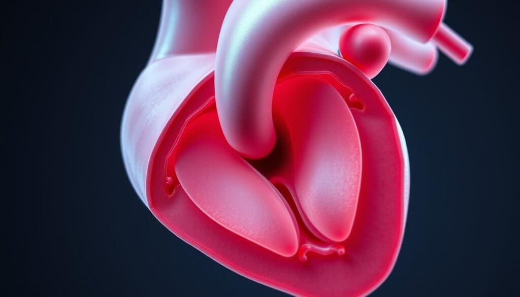 A detailed cross-section of a healthy human heart valve, captured with a high-resolution medical imaging camera. The valve mechanism is prominently displayed, showcasing the intricate leaflets and annulus that regulate blood flow. The scene is well-lit, with soft, diffused lighting highlighting the valve's delicate structures. The background is muted and slightly blurred, focusing the viewer's attention on the valve's precise inner workings. The overall mood is informative and educational, conveying the complex yet crucial role heart valves play in maintaining cardiovascular function.