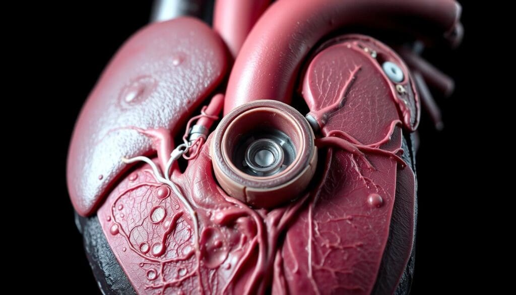 A detailed cross-section of a human heart, revealing the intricate structure of a dysfunctional heart valve. The valve is prominently featured, with visible signs of stenosis, regurgitation, or other abnormalities. The surrounding cardiac tissues are rendered with meticulous precision, showcasing the complex anatomy and pathology of valvular heart disease. The image is captured using a high-resolution medical imaging technique, such as CT or MRI, providing a clear and informative visual representation of the condition. The lighting is subtle and directional, accentuating the valve's form and emphasizing the gravity of the medical issue. The overall mood is one of clinical objectivity, inviting the viewer to study and understand the underlying mechanisms of this cardiovascular disorder.