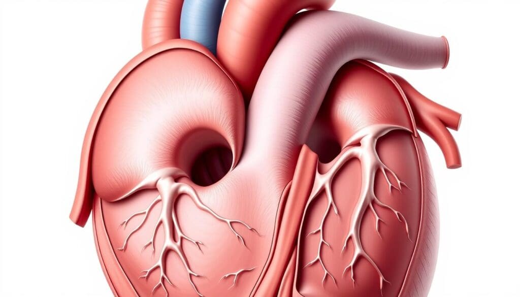 Detailed anatomical diagram of the human heart, focusing on the aortic valve and surrounding structures. Crisp, high-resolution medical illustration with a muted, clinical color palette. Cutaway view reveals the narrowed aortic valve opening characteristic of aortic stenosis, along with the enlargement of the left ventricle. Subtle shadows and highlights emphasize the three-dimensional nature of the anatomy. Neutral, white background provides a clean, uncluttered presentation suitable for a medical journal or textbook. Detailed anatomical diagram of the human heart, focusing on the aortic valve and surrounding structures. Crisp, high-resolution medical illustration with a muted, clinical color palette. Cutaway view reveals the narrowed aortic valve opening characteristic of aortic stenosis, along with the enlargement of the left ventricle. Subtle shadows and highlights emphasize the three-dimensional nature of the anatomy. Neutral, white background provides a clean, uncluttered presentation suitable for a medical journal or textbook.