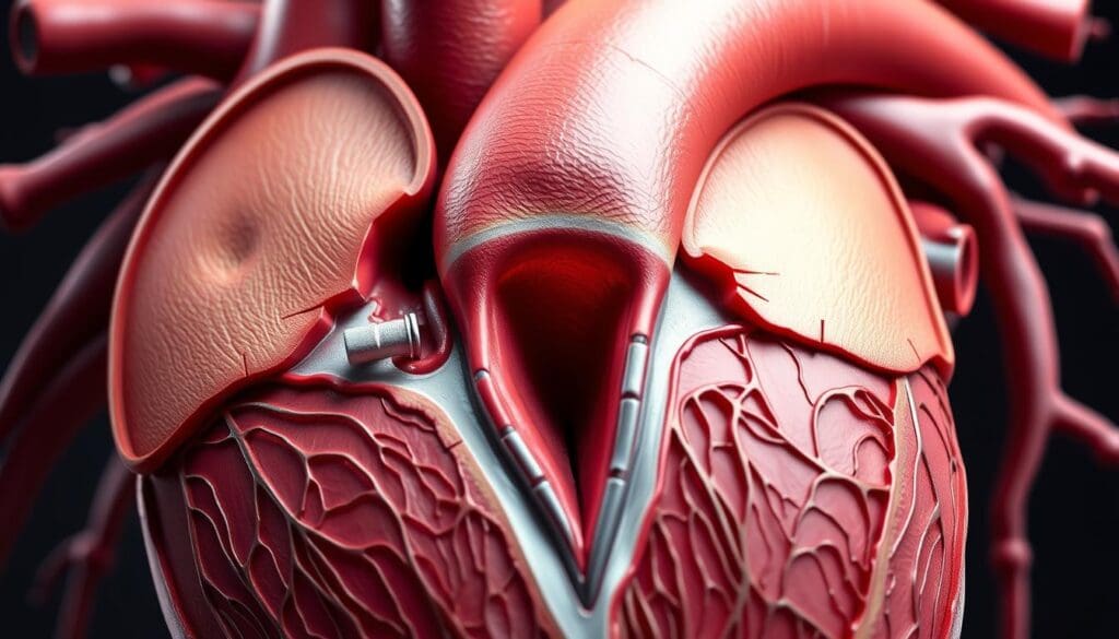 A detailed cross-section view of the human heart, focused on the aortic valve. The aortic valve is prominently featured, showcasing the narrowed opening characteristic of aortic stenosis. The surrounding cardiac anatomy, including the aorta, left ventricle, and other valves, is clearly visible, providing context. The image has a clinical, medical illustration style, with realistic textures and lighting to convey the seriousness of the condition. The overall tone is informative and educational, suitable for an article on the symptoms and nature of aortic stenosis. A detailed cross-section view of the human heart, focused on the aortic valve. The aortic valve is prominently featured, showcasing the narrowed opening characteristic of aortic stenosis. The surrounding cardiac anatomy, including the aorta, left ventricle, and other valves, is clearly visible, providing context. The image has a clinical, medical illustration style, with realistic textures and lighting to convey the seriousness of the condition. The overall tone is informative and educational, suitable for an article on the symptoms and nature of aortic stenosis.