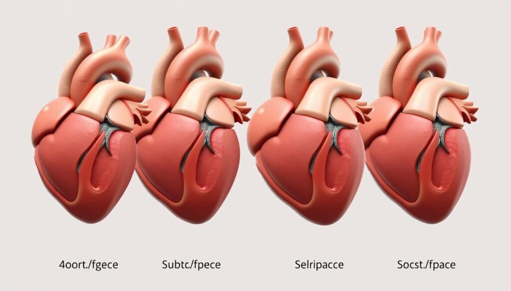 Stages of Aortic Stenosis: A Medical Illustration Detailed cross-sectional view showcasing the four progressive stages of aortic valve stenosis. Realistic anatomical rendering depicting the heart, aorta, and surrounding structures in muted tones. Crisp, high-resolution photorealistic style with precise detailing of the aortic valve, capturing the narrowing and calcification at each stage. Smooth, even lighting accentuates the 3D forms, creating depth and volume. Clean, clinical background allows the medical imagery to take center stage. Angles and perspective optimize visibility and understanding of this cardiovascular condition.