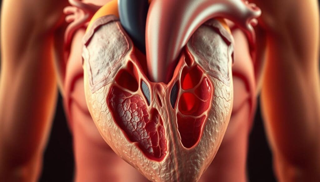A detailed cross-section of the human aortic root, showcasing its intricate anatomy and the common conditions that may require surgical repair. The scene features a photorealistic rendering, captured with a high-resolution medical camera, under warm, evenly diffused lighting that accentuates the structures. In the foreground, the three aortic valve leaflets are prominently displayed, with any abnormalities such as stenosis or regurgitation clearly visible. The middle ground highlights the aortic annulus, sinuses of Valsalva, and the ascending aorta, allowing examination of potential dilatation or aneurysmal changes. The background subtly fades, maintaining focus on the key anatomical details essential for understanding common aortic root conditions. A detailed cross-section of the human aortic root, showcasing its intricate anatomy and the common conditions that may require surgical repair. The scene features a photorealistic rendering, captured with a high-resolution medical camera, under warm, evenly diffused lighting that accentuates the structures. In the foreground, the three aortic valve leaflets are prominently displayed, with any abnormalities such as stenosis or regurgitation clearly visible. The middle ground highlights the aortic annulus, sinuses of Valsalva, and the ascending aorta, allowing examination of potential dilatation or aneurysmal changes. The background subtly fades, maintaining focus on the key anatomical details essential for understanding common aortic root conditions.