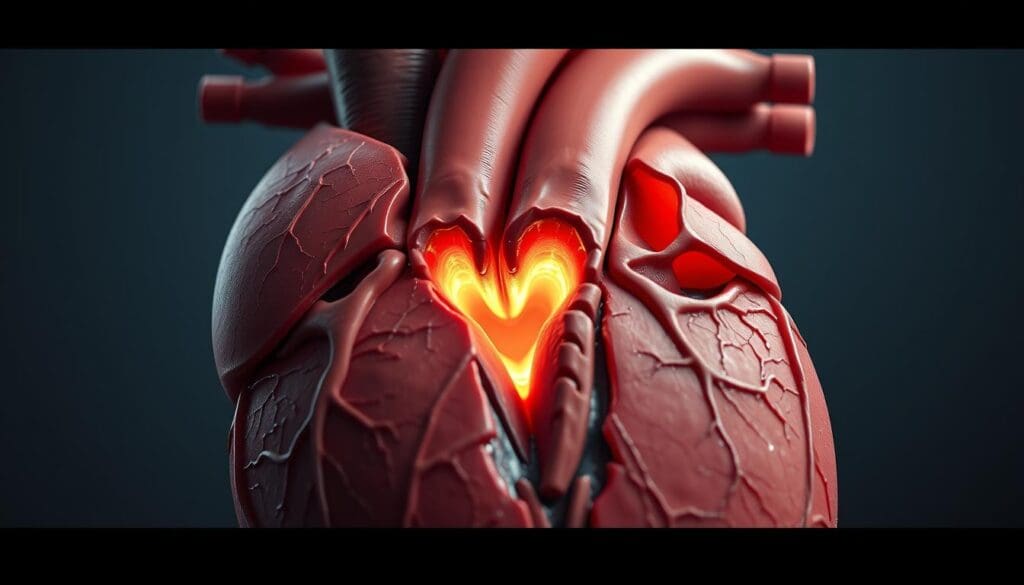 a highly detailed, photorealistic image of the cross-section of the human heart, focusing on the aortic valve and the surrounding anatomy. The image should clearly show the narrowing of the aortic valve opening, a hallmark of aortic stenosis. The scene should be lit with soft, directional lighting that accentuates the textures and details of the cardiac structures. The image should be captured from a slightly elevated angle, providing a clear view of the aortic valve and its relationship to the left ventricle and ascending aorta. The overall mood should convey a sense of medical precision and educational clarity, suitable for illustrating the pathophysiology of aortic stenosis. a highly detailed, photorealistic image of the cross-section of the human heart, focusing on the aortic valve and the surrounding anatomy. The image should clearly show the narrowing of the aortic valve opening, a hallmark of aortic stenosis. The scene should be lit with soft, directional lighting that accentuates the textures and details of the cardiac structures. The image should be captured from a slightly elevated angle, providing a clear view of the aortic valve and its relationship to the left ventricle and ascending aorta. The overall mood should convey a sense of medical precision and educational clarity, suitable for illustrating the pathophysiology of aortic stenosis.