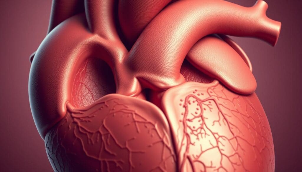 A detailed anatomical illustration of the heart with a focused view on the aortic valve, showcasing the characteristic narrowing and thickening associated with mild aortic stenosis. The image should have a crisp, high-resolution rendering with a warm, muted color palette to convey a sense of medical accuracy and clinical analysis. The perspective should be slightly angled to provide a clear view of the affected valve, nestled within the surrounding cardiac structures. Subtle highlights and shadows should enhance the three-dimensional depth and textural details of the valve leaflets and surrounding tissues. An overall tone of scientific investigation and medical understanding should permeate the visual narrative.