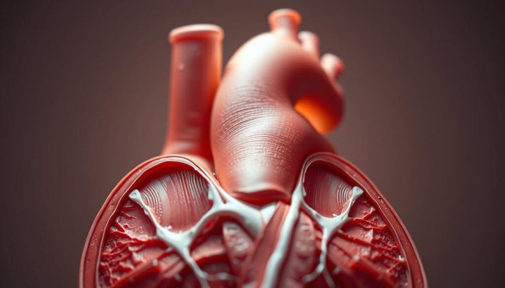 A cross-sectional view of the aortic root, rendered in vivid, high-resolution detail. Crisp anatomical structures in the foreground, including the aortic valve cusps, sinuses of Valsalva, and ascending aorta. Partially transparent layers in the middle ground reveal the dynamic interplay of the aortic root components. Subtle lighting from above casts soft shadows, accentuating the three-dimensional form. The background is a muted, neutral palette, allowing the intricate aortic root anatomy to be the central focus. Captured with a macro lens, the image conveys the critical nature of this vital cardiac structure.