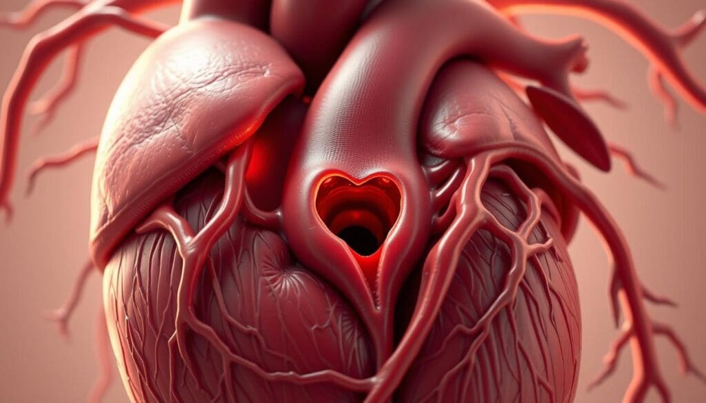 Detailed anatomical illustration depicting the aortic valve stenosis condition. High-resolution, photorealistic style. Centered on the heart, showcasing the narrowed aortic valve opening, with surrounding blood vessels and muscle tissue visible. Subtle cross-sectional view to reveal the internal structures. Warm, natural lighting accentuates the intricate details. Precise, technical rendering with a sense of clinical precision. Muted color palette focusing on the organic tones of the cardiac anatomy. Conveys the medical nature of the subject matter while maintaining visual interest and clarity.