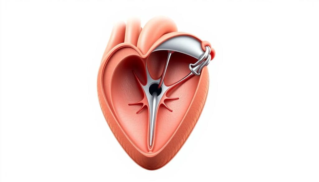 A highly detailed, anatomical cross-section of a human heart valve, showcasing its intricate structure and components. The valve is depicted in a neutral, medical illustration style, with a focus on accurately depicting the leaflets, annulus, chordae tendineae, and papillary muscles that facilitate the valve's opening and closing. The image is lit with soft, even lighting to highlight the valve's intricate geometry and textures, captured from an angle that provides a clear, unobstructed view. The background is a plain, off-white color, allowing the viewer to concentrate on the valve's complex anatomy without distractions. A highly detailed, anatomical cross-section of a human heart valve, showcasing its intricate structure and components. The valve is depicted in a neutral, medical illustration style, with a focus on accurately depicting the leaflets, annulus, chordae tendineae, and papillary muscles that facilitate the valve's opening and closing. The image is lit with soft, even lighting to highlight the valve's intricate geometry and textures, captured from an angle that provides a clear, unobstructed view. The background is a plain, off-white color, allowing the viewer to concentrate on the valve's complex anatomy without distractions.