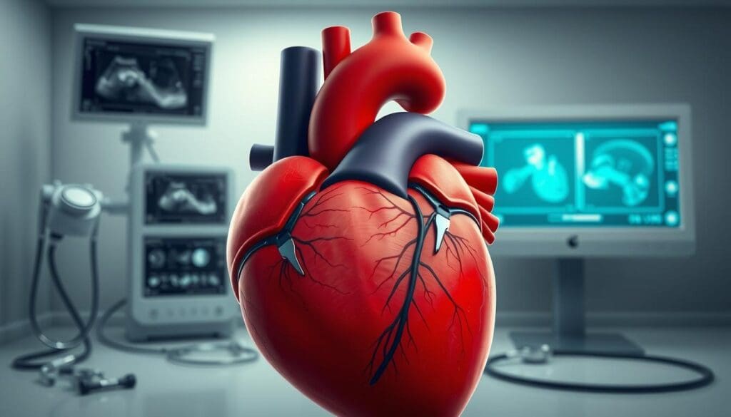 A high-quality, detailed medical illustration depicting the diagnosis of heart valve disease. The image showcases the human heart in the foreground, with a clear view of the valves and surrounding structures. The middle ground features various medical diagnostic tools and equipment, such as an echocardiogram machine, stethoscope, and imaging scans. The background is a clean, clinical setting with a subtle, muted color palette to emphasize the medical focus. The lighting is soft and directional, creating depth and highlighting the key elements. The overall tone is educational, informative, and designed to visually convey the process of diagnosing heart valve problems.