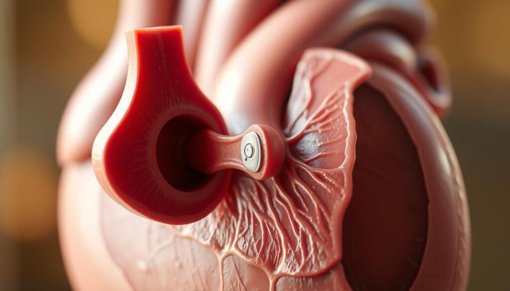 A detailed anatomical cross-section of a human heart valve, showcasing its intricate structure and function. The valve is depicted in the foreground, rendered in high-resolution, with a crisp, sharp focus. The surrounding cardiac tissue is visible in the middle ground, providing context and depth. The background features a soft, blurred, yet warm and natural lighting, emphasizing the organic nature of the subject matter. The overall mood is one of educational clarity, highlighting the essential components and mechanics of a healthy heart valve, as if viewed through a medical illustration or a scientific textbook.