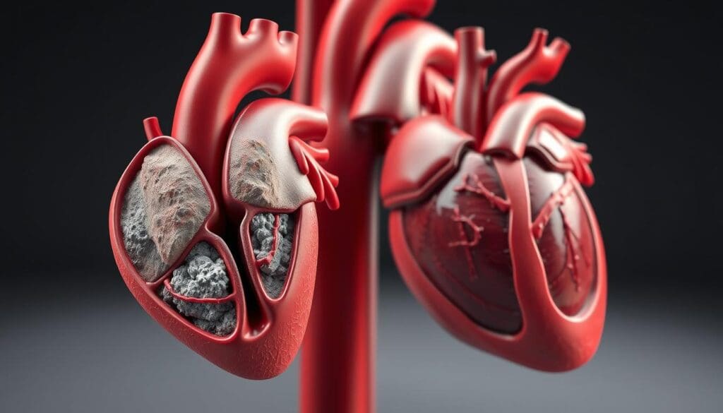 A detailed 3D medical illustration depicting the anatomy and pathology of aortic valve stenosis. The foreground shows the aortic valve with thickened, calcified leaflets obstructing blood flow. The middle ground displays the enlarged, hypertrophied left ventricle compensating for the increased pressure. The background reveals the overall heart structure and surrounding thoracic anatomy in high-fidelity photorealistic rendering. Crisp lighting from multiple angles highlights the intricate anatomical details. The scene conveys a clinical, educational tone appropriate for a medical reference article.