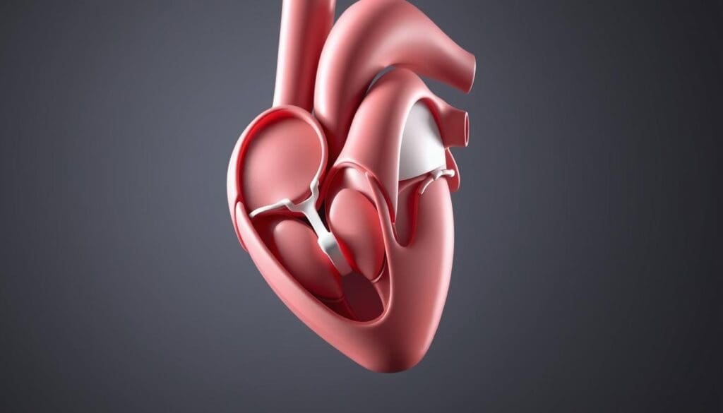 An anatomical illustration of the human heart's aortic valve, showcasing the characteristic thickened, narrowed, or leaky valve leaflets indicative of aortic valve disease. The image should be rendered in a photorealistic style, with precise attention to the intricate structure and pathological changes of the valve. Soft, directional lighting illuminates the scene, casting subtle shadows that emphasize the valve's three-dimensional form. The image should be captured from a slightly elevated angle, providing a clear, unobstructed view of the valve's anatomy. The background should be minimalist, allowing the viewer to focus solely on the valve and its abnormalities, conveying a sense of clinical study and medical examination.