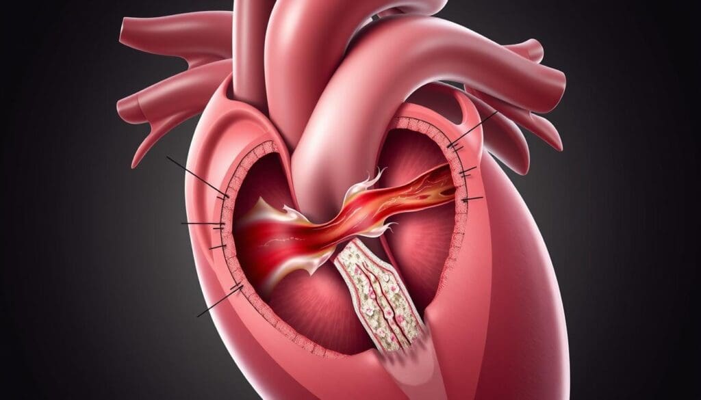 Detailed medical illustration of the aortic valve and surrounding anatomy, showcasing the pathophysiology of aortic stenosis. The image should capture the progressive narrowing of the aortic valve opening, caused by the buildup of calcified plaque on the valve leaflets. Render the scene with precise anatomical accuracy, using a neutral color palette and soft, directional lighting to emphasize the internal structures. Depict the obstructed blood flow through the stenotic valve, with subtly visible turbulence. Include a cross-sectional view of the left ventricle, aortic root, and ascending aorta to provide context. Strive for a clinical, educational tone that effectively communicates the key causes and mechanisms of aortic stenosis.