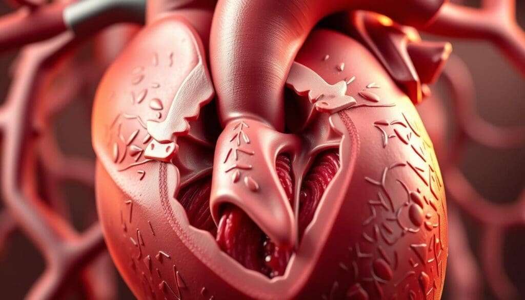 Aortic valve stenosis causes: a detailed anatomical illustration depicting the narrowing of the aortic valve, surrounded by a cross-section of the heart. Showcase the thickened, calcified valve leaflets obstructing blood flow from the left ventricle to the aorta. Render the scene with warm, realistic lighting, crisp photographic detail, and natural depth of field. Emphasize the medical accuracy and technical precision, conveying a sense of clinical insight into the underlying pathological processes.