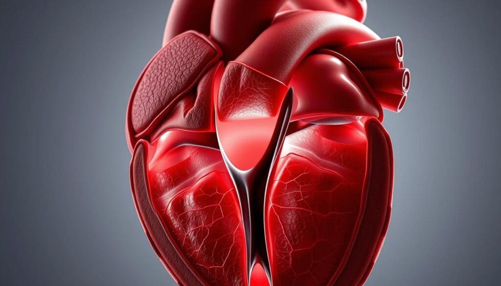 A detailed cross-section of the human heart, focused on the aortic valve. The aorta and left ventricle are prominently featured, with the aortic valve visibly narrowed, restricting the flow of blood from the heart to the body. The image should have a clinical, medical illustration style, with accurate anatomical details rendered in a photorealistic manner. Lighting should be soft and diffuse, creating depth and emphasizing the structure of the heart. The background should be neutral, allowing the subject to be the central focus.