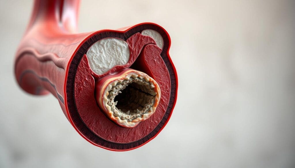 A detailed anatomical cross-section of a human blood vessel with cardiovascular stenosis. The foreground shows the constricted artery with plaque buildup and narrowed lumen, rendered in high definition with precise medical accuracy. The middle ground depicts the surrounding tissue and muscle layers in vivid detail, showcasing the physiological impact of the stenosis. The background features a neutral, softly blurred backdrop to allow the medical illustration to be the focal point. Crisp, natural lighting from an overhead angle casts subtle shadows, emphasizing the three-dimensional structure. The overall mood is clinical yet visually compelling, designed to educate and inform on the specifics of cardiovascular stenosis.