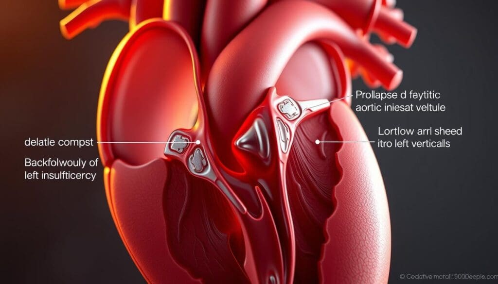 A detailed cross-sectional illustration of the human aortic valve, showcasing the characteristic features of aortic insufficiency. Depicted in high-resolution photorealistic style, with precise anatomical accuracy. The image should clearly illustrate the dilatation of the aortic root, prolapse of the aortic valve cusps, and the resultant backflow of blood from the aorta into the left ventricle. Warm lighting from the left, creating depth and shadows to emphasize the three-dimensional structure. Crisp focus on the valve mechanism, with a slightly blurred background to draw the viewer's attention. The overall mood should be clinical yet visually striking, serving as a detailed educational resource on the underlying causes of this cardiovascular condition.