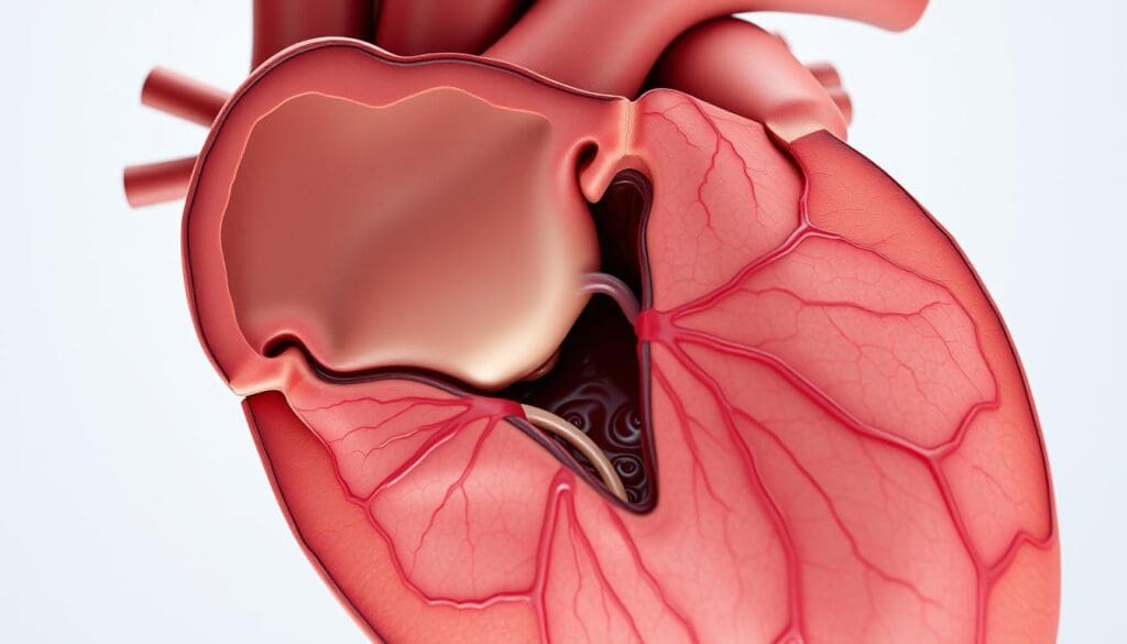 A detailed cross-section of the human heart, prominently featuring the aortic valve and surrounding structures. The aortic valve appears enlarged and distorted, with backflow of blood visible through the regurgitating valve. The image should be rendered in a highly detailed, photorealistic style, with accurate anatomical features and clear visualization of the diagnostic signs of aortic regurgitation. Lighting should be soft and diffused, with a slightly muted color palette to convey a clinical, medical atmosphere. The angle should be angled slightly from above, giving a clear view of the aortic valve and surrounding anatomy. The background should be clean and uncluttered, allowing the focus to remain on the diagnostic details of the condition.