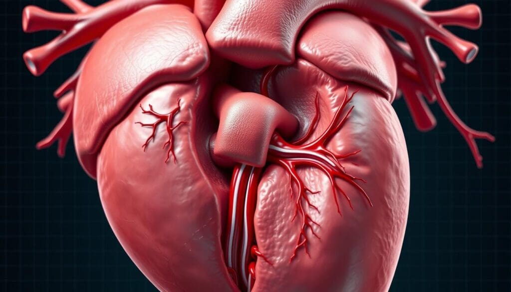 Detailed anatomical illustration of a human heart, showcasing the aortic valve and surrounding structures. Crisp, high-resolution rendering with precise detail, highlighting the mechanisms of aortic regurgitation. The aortic valve is open and dilated, allowing backflow of blood into the left ventricle. Subtle shades of red and blue denote the blood flow patterns. Muted, clinical lighting accentuates the diagnostic nature of the scene. Subtle grid lines or annotations may be present to provide context. Rendered in a realistic, medically-accurate style suitable for use in a medical publication.