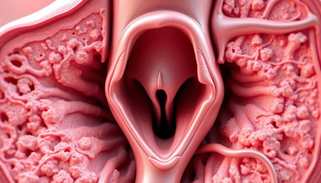A detailed cross-sectional illustration of aortic arterial stenosis, depicting a narrowed and thickened aortic valve surrounded by a calcified, rigid arterial wall. The image should convey a sense of medical precision, with a focus on the anatomical structures and pathological changes. Render the scene with a soft, natural lighting that highlights the contrasts between the healthy and diseased tissue. Use a slightly elevated camera angle to provide a clear, detailed view of the stenotic aortic valve and the surrounding vasculature. The overall mood should be one of clinical objectivity, facilitating a deeper understanding of this cardiovascular condition. A detailed cross-sectional illustration of aortic arterial stenosis, depicting a narrowed and thickened aortic valve surrounded by a calcified, rigid arterial wall. The image should convey a sense of medical precision, with a focus on the anatomical structures and pathological changes. Render the scene with a soft, natural lighting that highlights the contrasts between the healthy and diseased tissue. Use a slightly elevated camera angle to provide a clear, detailed view of the stenotic aortic valve and the surrounding vasculature. The overall mood should be one of clinical objectivity, facilitating a deeper understanding of this cardiovascular condition.