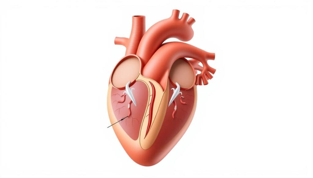 A detailed, anatomically accurate illustration of the aortic valve, its components, and surrounding structures. Crisp, high-resolution image with precise rendering of the valve leaflets, sinuses of Valsalva, ascending aorta, and other key anatomical features. Natural, evenly distributed lighting creates depth and emphasizes the intricate details. Neutral background allows the aortic valve anatomy to be the central focus. Rendered from an angled, slightly elevated perspective to provide a clear, unobstructed view. The image conveys a sense of scientific accuracy and medical reference material, suitable for inclusion in an article discussing aortic stenosis.