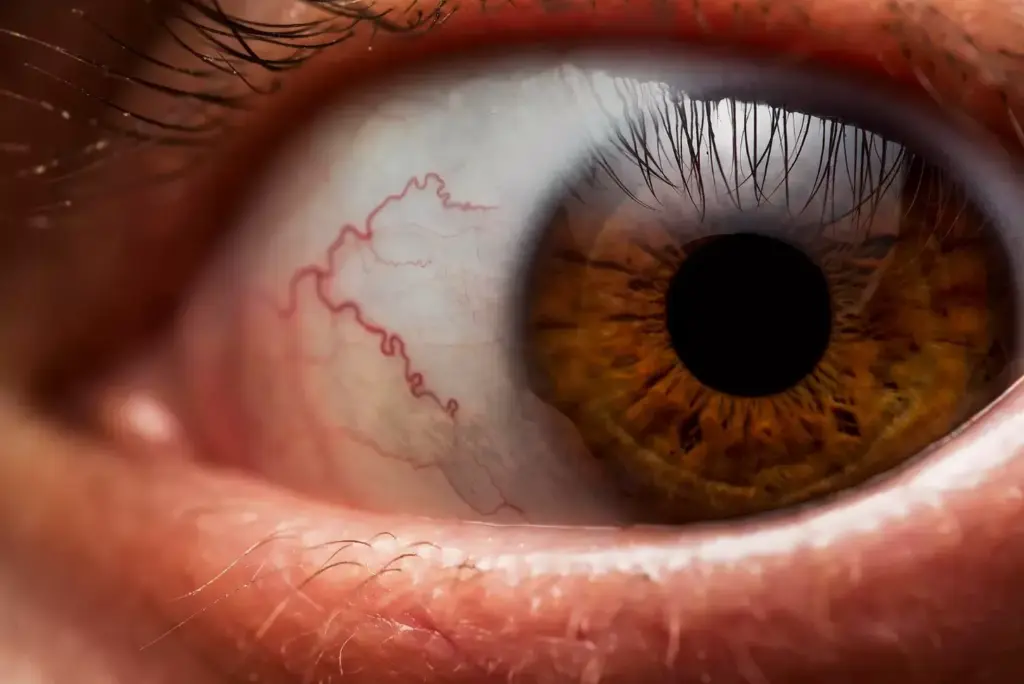 Detailed close-up of a human eye, with a large tumor bulging behind it, causing significant distortion and discoloration of the iris and pupil. The eye appears swollen, bloodshot, and slightly protruding from the socket, conveying a sense of discomfort and impaired vision. The lighting is harsh, casting deep shadows and highlighting the unnatural deformities, creating an unsettling, almost horrific atmosphere. The background is blurred, keeping the focus solely on the afflicted eye, emphasizing the medical nature of the subject. Detailed close-up of a human eye, with a large tumor bulging behind it, causing significant distortion and discoloration of the iris and pupil. The eye appears swollen, bloodshot, and slightly protruding from the socket, conveying a sense of discomfort and impaired vision. The lighting is harsh, casting deep shadows and highlighting the unnatural deformities, creating an unsettling, almost horrific atmosphere. The background is blurred, keeping the focus solely on the afflicted eye, emphasizing the medical nature of the subject.
