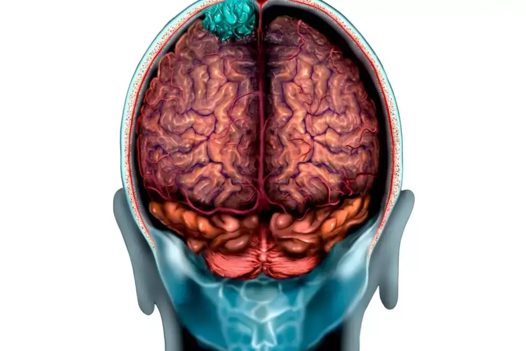 A detailed cross-section of a human brain, with a prominent tumor visible, casting a subtle shadow over the surrounding neural structures. The brain is illuminated by a soft, diffuse light, accentuating the intricate folds and textures of the cerebral cortex. The tumor appears as a distinct, discolored mass, disrupting the normal flow of neural pathways. The image conveys a sense of unease and the profound impact a brain tumor can have on cognitive function and overall brain health.