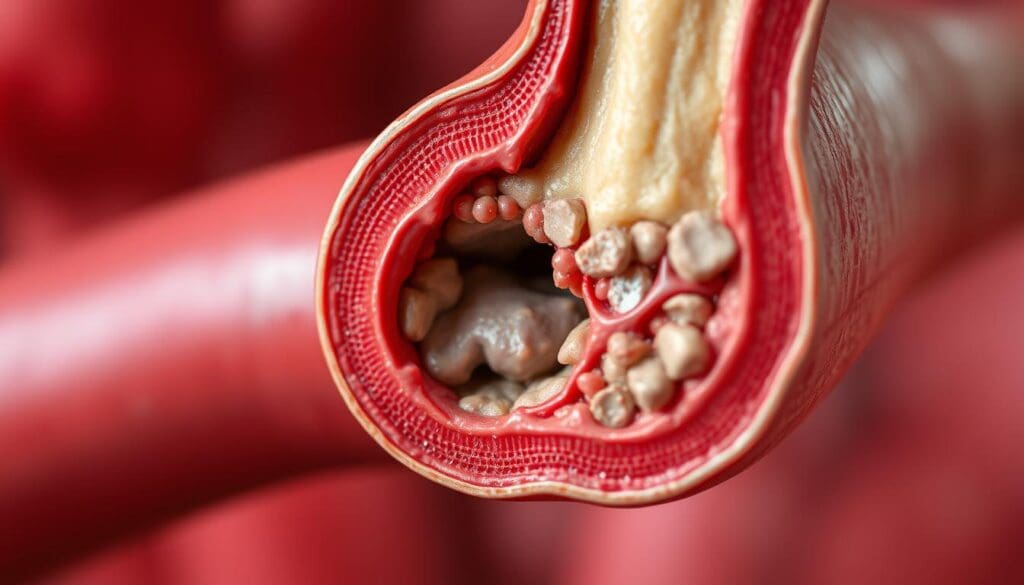 Detailed cross-section of the atherosclerosis process in a human artery. Realistic, scientifically accurate depiction showcasing the buildup of plaque, narrowing of the arterial lumen, and impact on blood flow. Crisp, high-resolution image with natural lighting and depth of field to highlight the intricate pathological changes. Convey the seriousness and potential consequences of this cardiovascular condition. Emphasize the importance of understanding atherosclerosis for maintaining heart health.