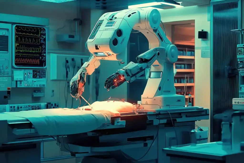 A detailed surgical scene of a robotic-assisted myomectomy procedure. In the foreground, a robotic surgical console with a sleek, futuristic design. Surgeons in sterile attire delicately manipulate the robotic arms, performing the complex procedure. The middle ground reveals the patient's abdomen, with a minimally invasive incision exposing the uterus and fibroid tumors. Illuminated by bright, focused surgical lights, the scene conveys a sense of precision and technological innovation. In the background, advanced medical equipment and monitors display real-time data, creating a high-tech, clinical atmosphere. The overall image should convey the advanced, cutting-edge nature of robotic-assisted myomectomy as a surgical approach.