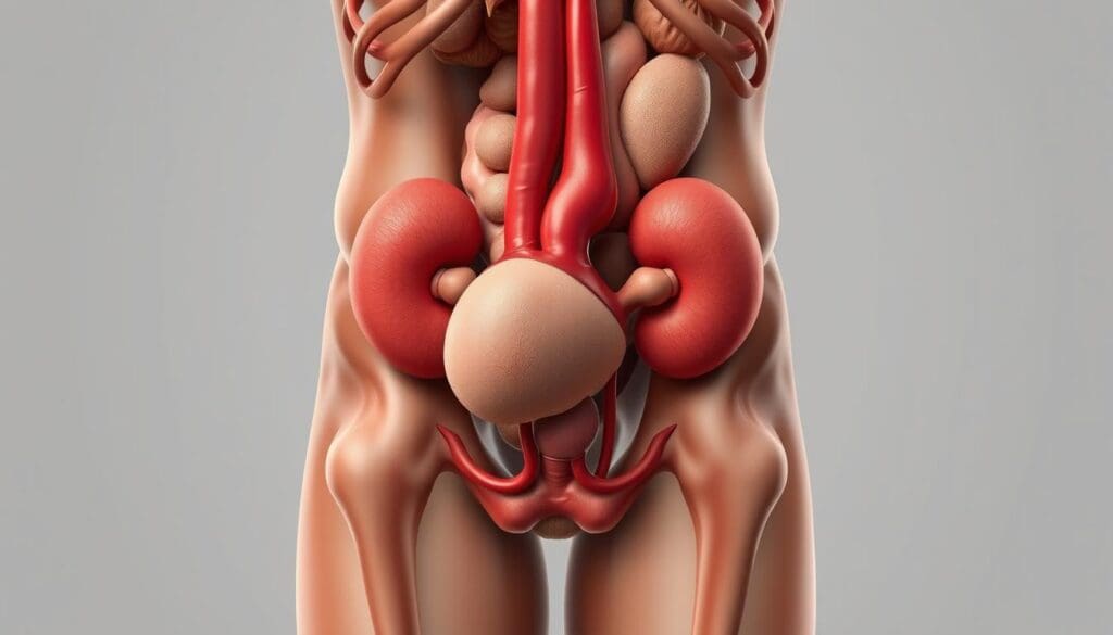 a highly detailed, scientifically accurate anatomical illustration of a human abdominal aortic aneurysm, viewed from the front in a slightly elevated angle, capturing the swollen, bulging section of the aorta just below the kidney arteries, with a clear visualization of the surrounding organs and tissues for context, rendered in a realistic, medical-grade style with precise details and subtle shading, using a neutral color palette with muted tones to convey a clinical, educational atmosphere