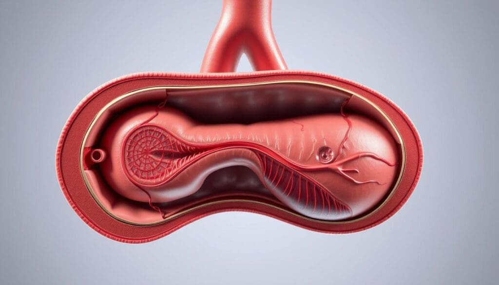 A detailed cross-section of an abdominal aortic aneurysm, showcasing its enlarged size and diameter, set against a clean, clinical background. The image should be shot from a slightly elevated perspective, providing a clear and comprehensive view of the aneurysm's anatomy. The lighting should be bright and evenly distributed, allowing for a crisp, high-contrast rendering of the various layers and structures, including the aortic wall, lumen, and any surrounding tissues. The overall tone should convey a sense of medical precision and educational purpose, without sacrificing the visual appeal necessary for effective illustration in a scholarly article. A detailed cross-section of an abdominal aortic aneurysm, showcasing its enlarged size and diameter, set against a clean, clinical background. The image should be shot from a slightly elevated perspective, providing a clear and comprehensive view of the aneurysm's anatomy. The lighting should be bright and evenly distributed, allowing for a crisp, high-contrast rendering of the various layers and structures, including the aortic wall, lumen, and any surrounding tissues. The overall tone should convey a sense of medical precision and educational purpose, without sacrificing the visual appeal necessary for effective illustration in a scholarly article.
