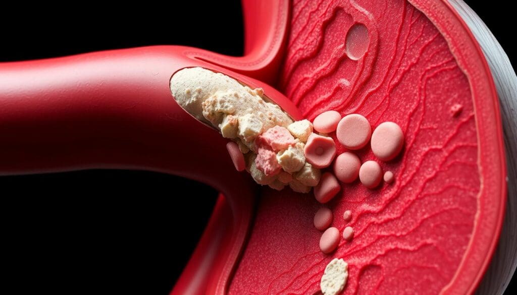 A detailed cross-section of a human coronary artery, showcasing the progressive buildup of plaque within the arterial walls. The image should be rendered in a highly realistic, photographic style, with a sharp focus on the intricate anatomical structures and the progressive stages of atherosclerosis. Depict the narrowing of the artery lumen, the accumulation of fatty deposits, and the resulting impairment of blood flow. The composition should emphasize the clinical relevance, with a clear, informative, and visually engaging presentation of the underlying pathological processes. Utilize subtle lighting and precise rendering to enhance the sense of depth and realism, allowing the viewer to fully understand the fundamental nature of coronary artery disease.
