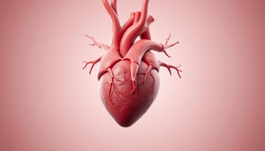 A highly detailed and anatomically accurate medical illustration depicting the coronary arteries of the heart, showcasing the characteristic three-vessel disease. The image should be rendered with exceptional photorealism, using a balanced and soft lighting setup that highlights the intricate structures and textures of the arteries. Capture the vessels from an angled perspective, allowing for a clear view of the stenosis or blockages present in each of the three major coronary arteries. The background should be a clean, neutral tone, placing the focus entirely on the subject matter. Ensure the overall composition and level of detail are suitable for use in a medical educational article.
